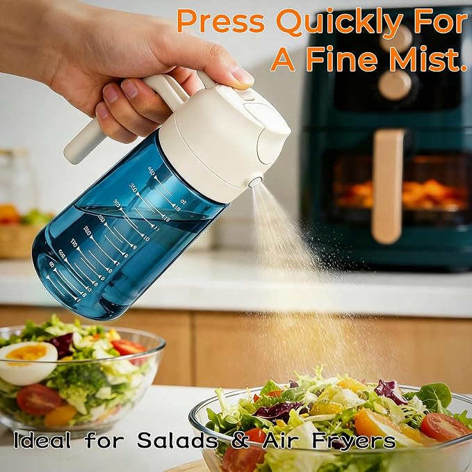Glass Olive Oil Sprayer for Cooking (16oz/470ml), 2 in 1 Olive Oil Dispenser Bottle for Kitchen Gadgets and Air Fryer Accessories, Salad, BBQ (2-Pack, Blue White)
