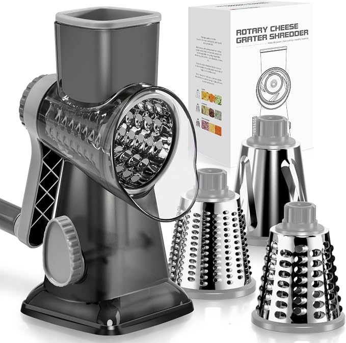 Rotary Cheese Grater Hand Crank Transparent - Shredder Slicer Grinder 3 Stainless Steel Blades, Stable Suction, Labor-Saving Handle, Safe Kitchen Tool for Cheese, Vegetable, Nuts, Chocolate