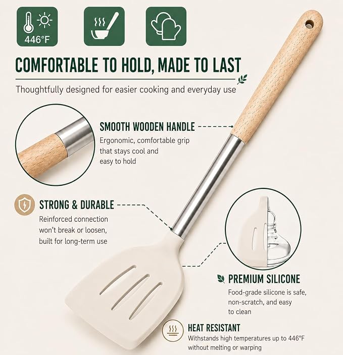 Silicone Kitchen Utensils Set, 9 Pcs Full-Size Non-Toxic Cooking Utensils with Wooden Handles & Stainless Steel Core, Heat Resistant Food Grade Kitchen Gadgets for Nonstick Cookware