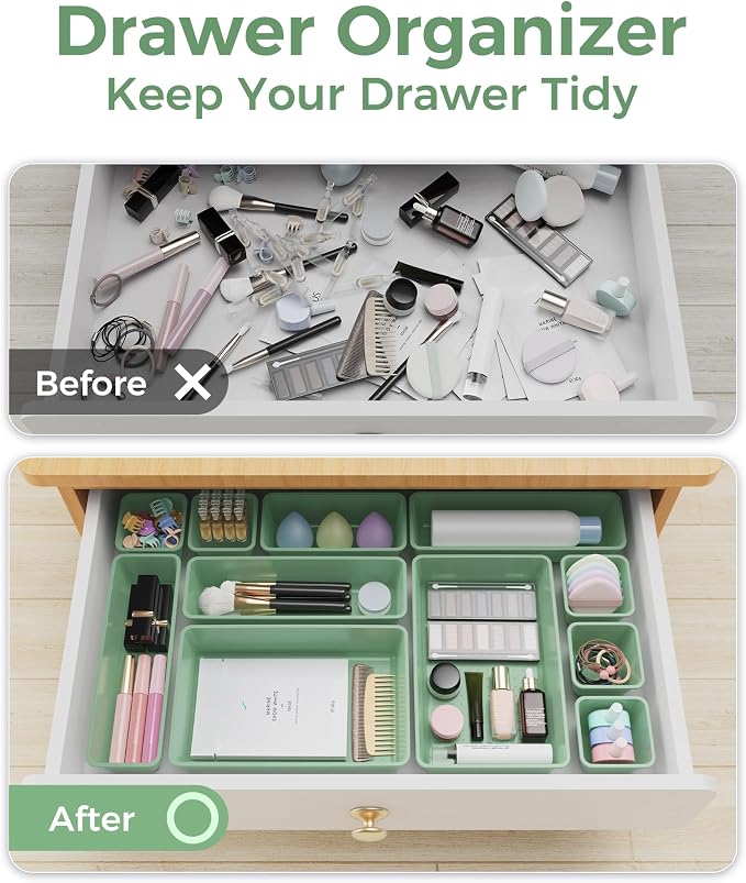 BiuLeon 25 PCS Plastic Drawer Organizers Set, 4-Sizes Vanity and Makeup Organizer, Desk and bathroom Drawer Organizer Trays, Organizers and Storage for Makeup, Jewelry, Gadgets, Utensils (Green)