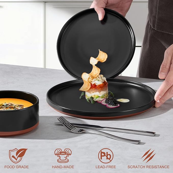 LIANYU 12 Pieces Porcelain Dinnerware Set, Dishes Set for 4, Charcoal Black | High-Fired Ceramic Plates and Bowls Set for 4, Chip & Scratch Resistant, Microwave Dishwasher Safe