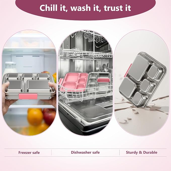 Pawtong Stainless Steel Lunch Box, 5-Compartment Bento Lunch Box for Kids & Adults,Metal Lunch Box with Removable Silicone Container, Lunch Box Containers for School,Office(Pink)
