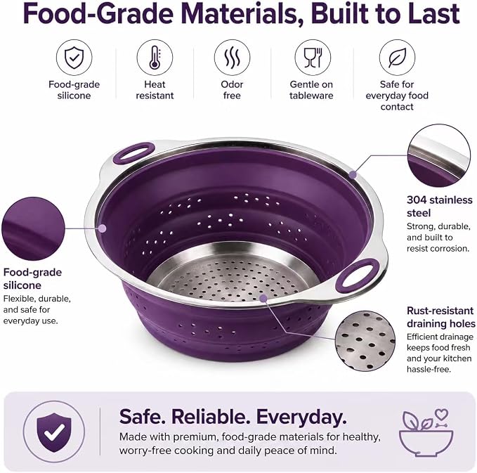 Mejoncb Collapsible Colander – Platinum Silicone Strainer with Stainless Steel Base, BPA-Free & Heat Resistant Kitchen Drain Basket (Purple)