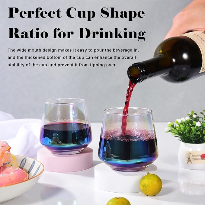 10oz Stemless Champagne Flutes, Iridescent Champagne Glasses, 4 PCS | Clear Crystal Glass Cups, Dishwasher Safe Wine Glasses Set for Champagne Cocktail Juice, Unique Gifts for Wine Enthusiasts