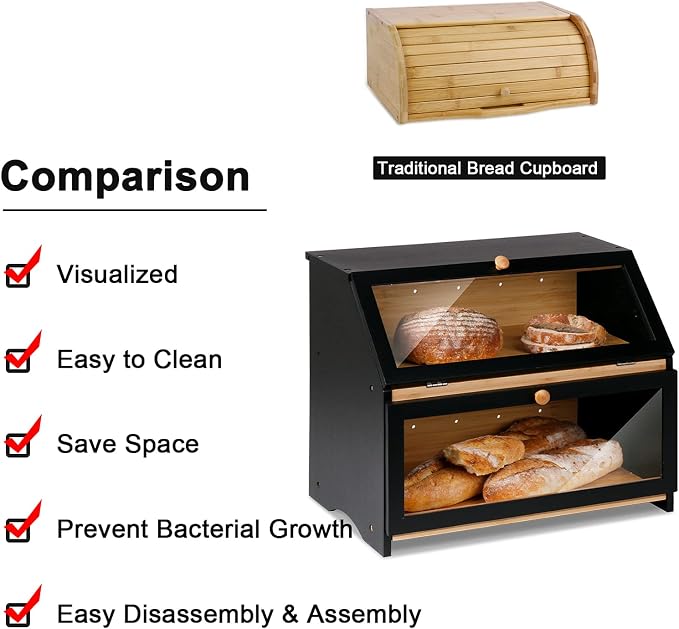 HOMEKOKO Double Layer Wooden Bread Box, Keep Bread Fresh Longer, Black | Keeps Bread Fresh 3-4 Days, Large Capacity Fits 2+ Loaves, Suitable For Home Kitchen Food Storage Use, See-Through Window