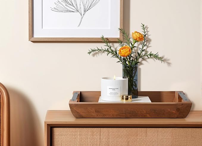 Acacia Wood Serving Tray, 15×10in Tray for Ottoman, Space-Saving | Coffee Tray with Metal Handles, Rustic Wooden Breakfast and Drink Tray, Perfect for Sofa Arms, Bedside Tables, or Office Desk