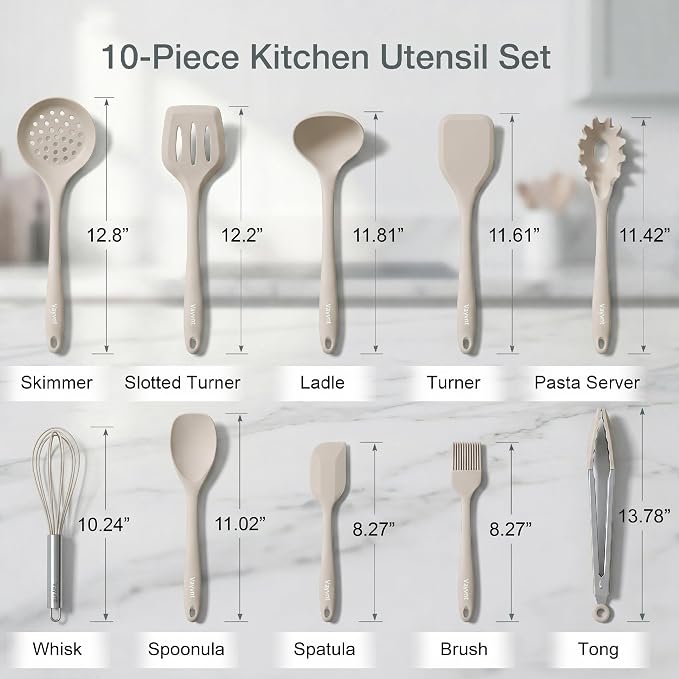 Vayvnt Silicone Kitchen Utensils Set, 10PCS Heat Resistant Utensils, Khaki | Dishwasher Safe, Non-toxic, Food Grade Silicone Cooking Utensils Set for Non Stick Cookware, Kitchen Essentials, Spatula Tong