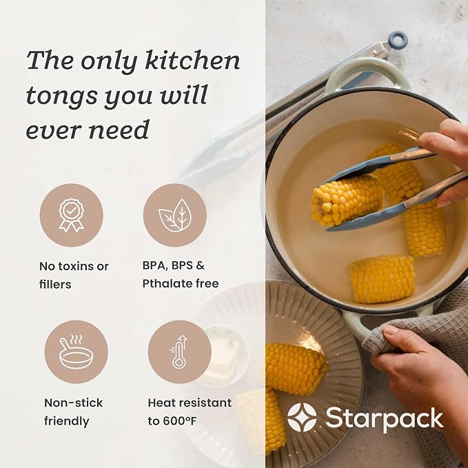 Starpack Get a Grip Silicone Kitchen Tongs (2-Pack, 9" + 12") - LFGB Non Toxic, 600°F Heat Resistant, BPA-Free - Heavy-Duty Stainless Steel, Locking - Dishwasher Safe for Nonstick Cookware