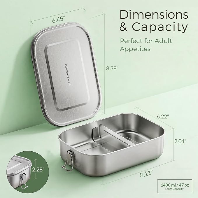 G.a HOMEFAVOR Stainless Steel Bento Lunch Box, 2-Compartment, 1400 ml/47 oz | Leak-Proof, Dishwasher Safe, BPA-Free, with Lock Clips & Removable Divider, Meal Prep, Large Food Container, for Adults