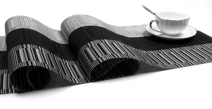 SHACOS Woven Vinyl Table Runner 12 x 54 inch PVC Runner for Dining Table Coffee Table Counter Wipe Clean Indoor Outdoor, Ombre Black and Gray