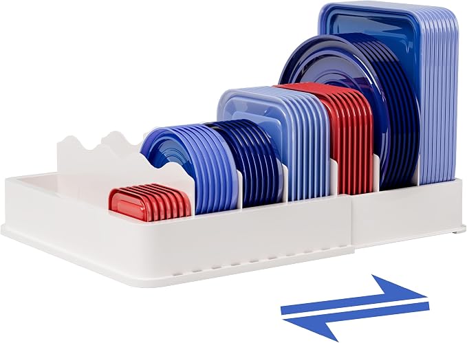 SWOMMOLY Expandable Food Container Lid Organizer for Kitchen Cabinet | Expands 9.8" to 17.3", Lid Holder with 6 Adjustable Dividers, 30 Writable Labels for Cabinets, Drawers and Pantry Storage