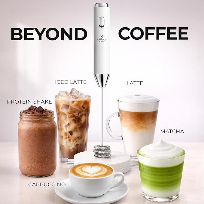 Zulay Kitchen Rechargeable Milk Frother Handheld - Frother Wand, Drink Mixer, Electric Whisk Frother, for Cappuccinos, Matcha & Protein Powder - Ultra Metal 4 Whisk, 1800mAh White