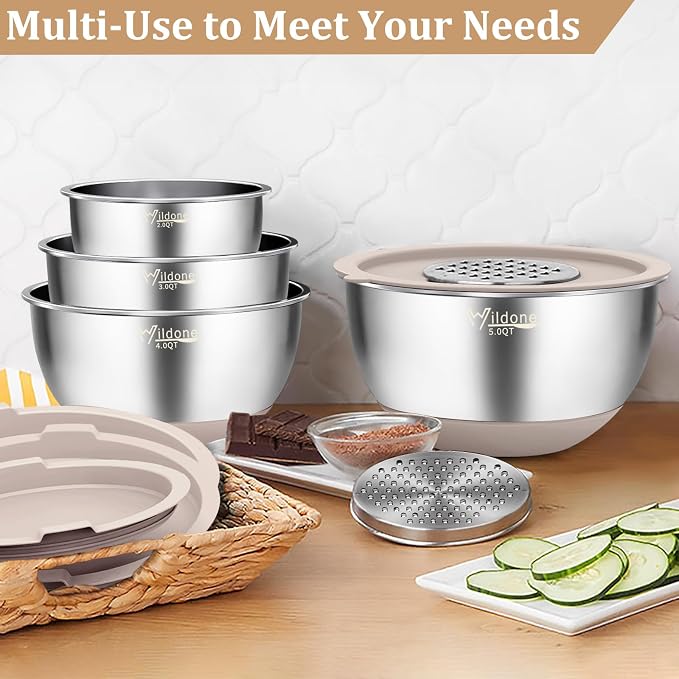 Wildone Mixing Bowls with Airtight Lids, Stainless Steel Nesting Bowls Set | Metal Bowls with 3 Grater Attachments, Non-Slip Bottom, Size 5, 4, 3, 2, 1.5, 1, 0.63QT, Include Utensil Set for Prep, Khaki
