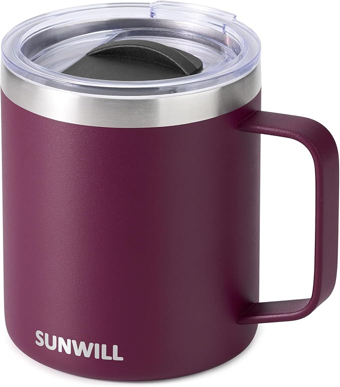 SUNWILL Travel Coffee Mug with Lid, Insulated Tumbler with Handle, 14 oz Stainless Steel Cup for Camping, Office, Home, Powder Coated Plum