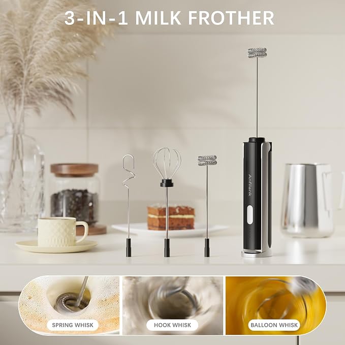 Anfilank Handheld Milk Frother Wand with Folding Stand, Rechargeable Electric Whisk with 3 Speeds & 3 Stainless Heads, Milk Foam Maker with Stand for Latte, Cappuccino, Hot Chocolate, Egg