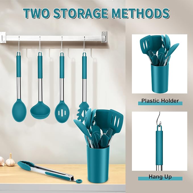 E-far Kitchen Utensils Set, 14-Piece Blue Silicone Cooking Utensils Set | Heat Resistant, Kitchen Tools Spatulas with Stainless Steel Handle, Non-stick Cookware with Holder, Dishwasher safe