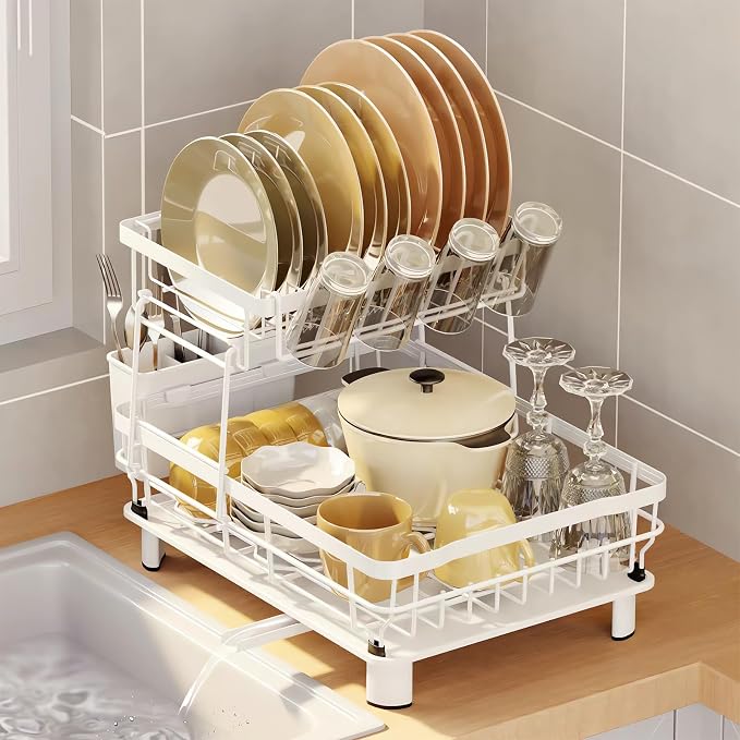 Small 2 Tier Dish Drying Rack, Space Saving Dish Racks for Kitchen Counter, Kitchen Organizer Dish Drainer with Cutlery Holder for Spoons and Forks, 11''W x 15''L, White