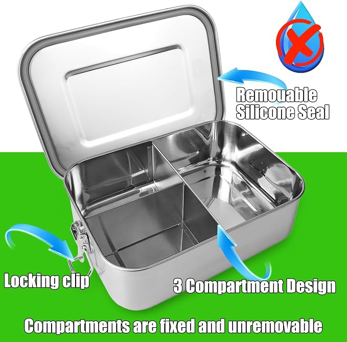 UPTRUST Stainless Steel Bento Box for Kids, 3-Compartment (40oz/1200ML) | Metal container with leak-proof lockable clips, for kids and adults lunch, meal prep, or travel