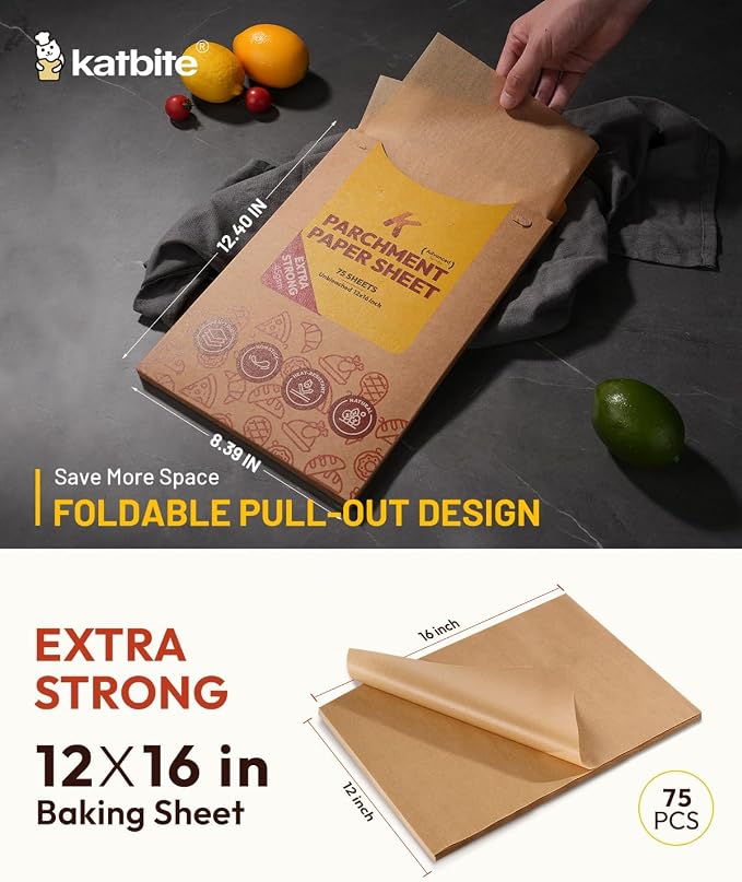 Katbite 75 Pcs Brown Parchment Paper Baking Sheets, 12x16 Inch, Heavy Duty | Unbleached precut Non-Stick half sheet paper, ideal for air fryers, baking cookies and lining cookie pans
