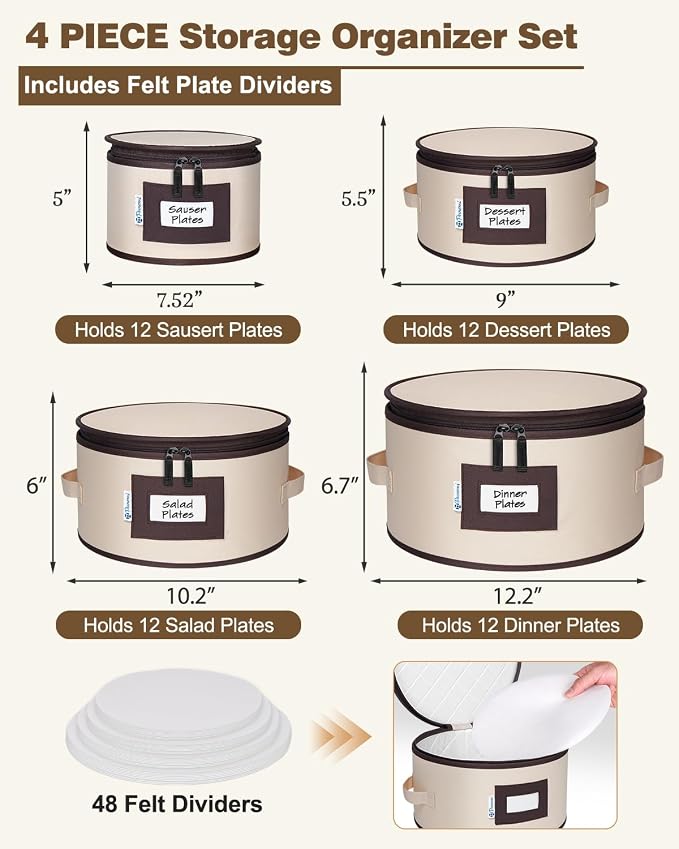 China Storage Containers, 4-Pack Hard Shell Plate & Dish Cases for Moving | Padded dividers and quilted lining protect plates and dishes; stackable for moving and holiday storage, beige hold set of 12