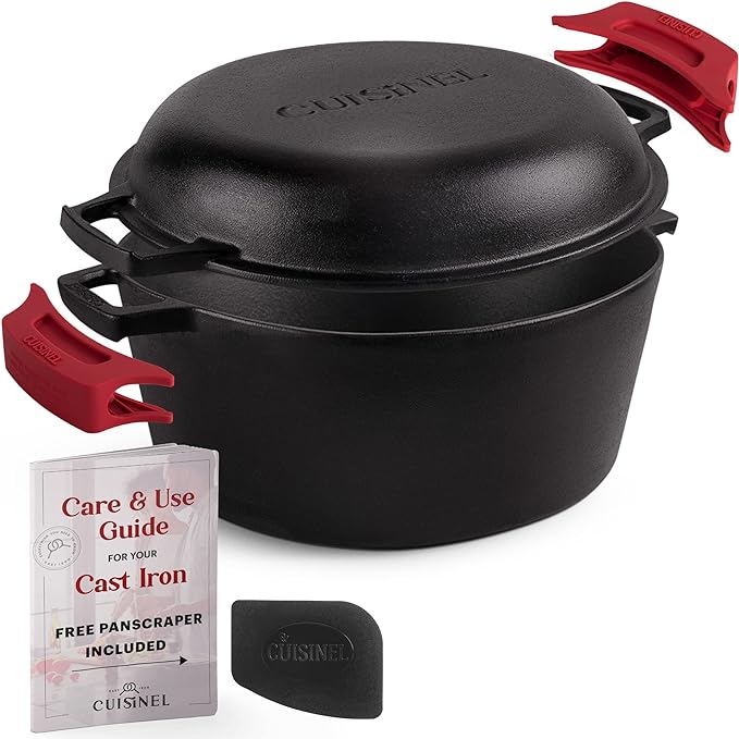 Cuisinel Cast Iron Dutch Oven 7-Qt Pre-Seasoned 2-in-1 Multi-Cooker with Lid that Doubles as a 12" Skillet, Silicone Handle Covers & Pan Scraper for Baking, Frying, Camping & Everyday Cooking
