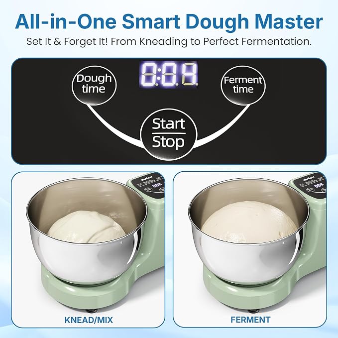 Electric Dough Mixer Maker, 5.3 QT Fermenting and Kneading Flour Mixer Machine with Stainless Steel Bowl & Time Control, Green Stand Mixer for Baking Bread Cake Pizza & Sourdough
