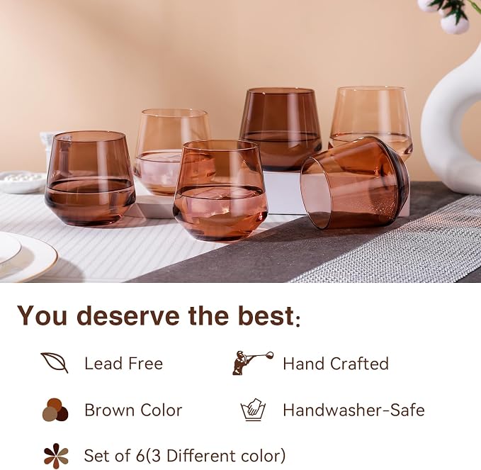Venus Stemless Wine Glasses Set 6-14oz Melanin Colored Wine Glasses Stemless【HandBlown】 Brown Wine Glasses Set,Unique Brown Wine Glasses for Kwanzaa