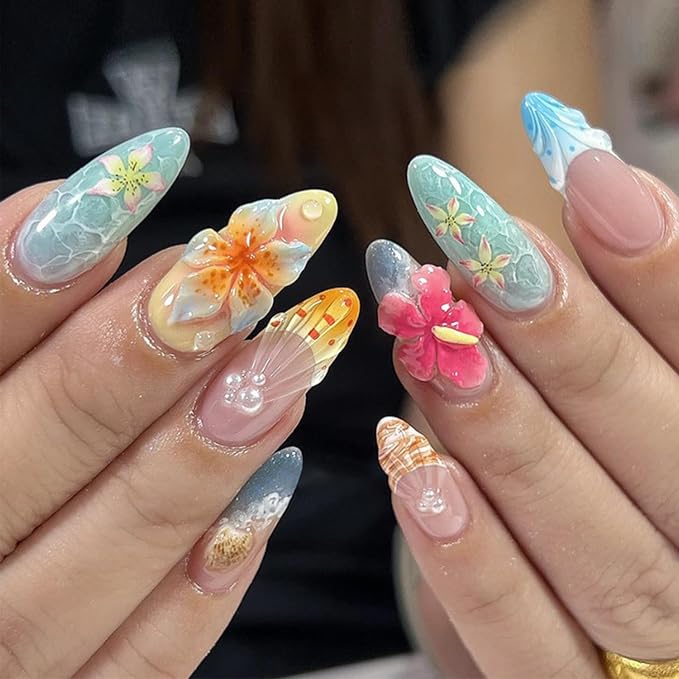 3D Handmade Hibiscus Flower Press on Nails Long Stiletto Fake Nails Summer Hawaii Beach False Nail with Rhinestones Designs Ocean Wave Seashell Full Cover Stick on Nail for Women Manicure 30Pcs