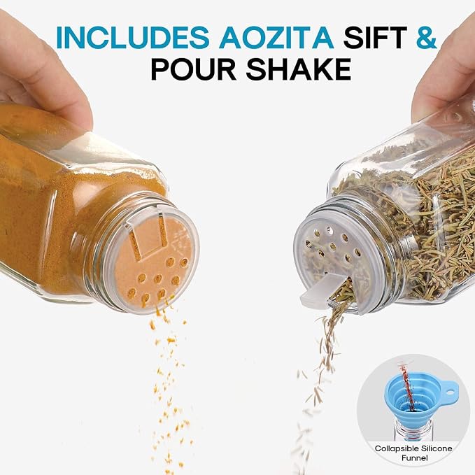 AOZITA 24 Pcs Glass Spice Jars with Labels - 4oz Empty Square Spice Bottles Containers, Condiment Pot, Shaker Lids and Airtight Metal Caps - Silicone Collapsible Funnel