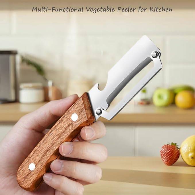 Vegetable Peeler for Kitchen, Stainless Steel Blade with Wooden Handle | 2-in-1 MultiFunctional Fruit Vegetable Peeler, Sharp Wide Blade, Anti-Slip, Bottle Opener, for Potato Apple Pumpkin Prep