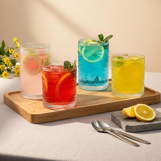 Moretoes 4 Pack Hobnail Drinking Glasses Set,Glass Cups | 12 Oz Highball Glasses & 10 Oz Cocktail Glasses, Kitchen Bar Tumbler Glassware Set for Whiskey, Beer, Juice, Milk