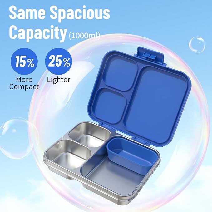 LOHASOK Stainless Steel Lunch Box, 34oz/1000ml, Blue | 3-Compartment, Metal Bento Container, Leak Proof, Plastic Lid, for Kids Adults, BPA/BPS Free, Dishwasher Safe