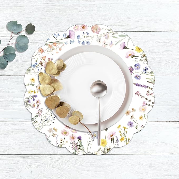 G.R.I - 50 Pcs Summer Flower Paper Place Mats, Watercolor Wildflower Butterfly Disposable Scalloped Place Mats, Spring Floral Round Placemats for Bridal Shower Birthday Wedding Baby Shower Party