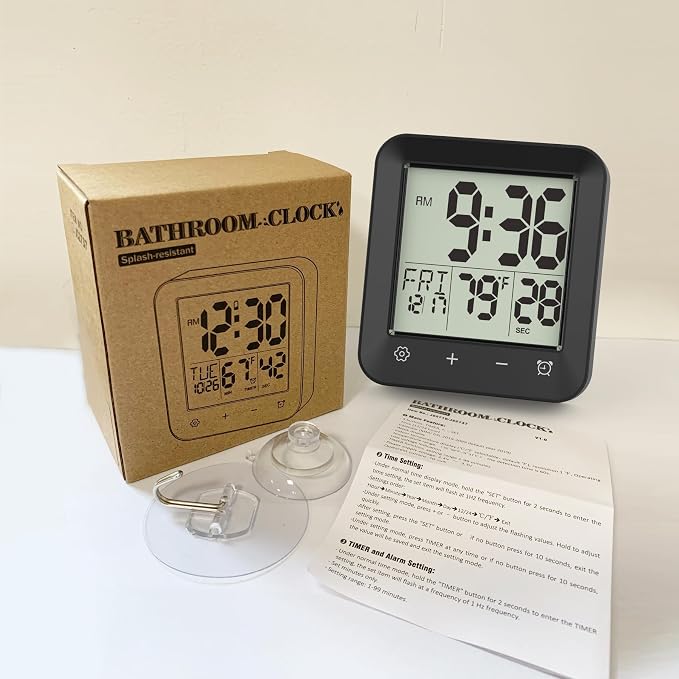 Waterproof Shower Clock, Digital Bathroom Kitchen Wall Clock Timer w/Temp. | w/Calendar, Touch Screen, Suction Cup, Hanging Hole, Battery Operated,Black