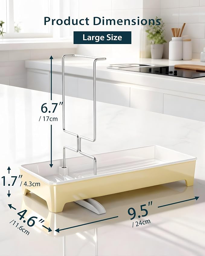 Minimalist Sink Caddy, Rustproof Sponge Holder for Kitchen Sink Yellow | Large Rustproof countertop organizer with 304 stainless steel brush holder, raised ridges and silicone drain tube