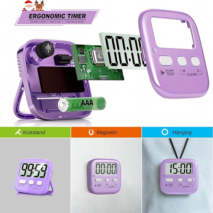 2 Pack Digital Timer for Kids Classroom Kitchen Timers for Cooking | w/ Battery, Easy to View, Alarm, Mute Mode, Count Down/Up, Magnetic, Kickstand, Hanging, Classroom Timer for Teacher Supplies