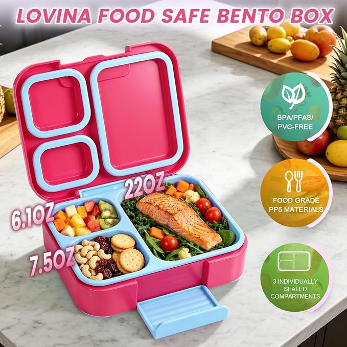 Bento Lunch Box Set For Kids Adult With Thermo Bag, Leak-Proof, BPA-Free | 36OZ Lunch Box Kids Kit, All-in-One Set With DIY Stickers Sauce Cup for Work, School, Camping(Hot Pink)