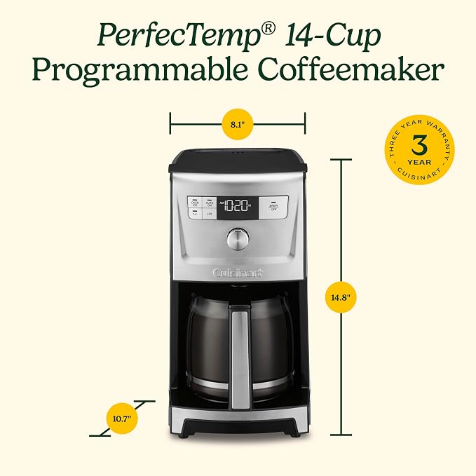 Cuisinart Coffee Maker, 14-Cup PerfecTemp Programmable Coffee Machine Glass Carafe with 1-4 Cup Setting, Brew Strength Control, Brew Pause, and Over Ice Function, Black Stainless Steel, DCC-3500BKS