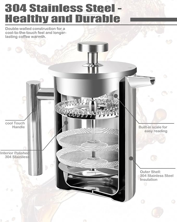 French Press Coffee Maker, Stainless Steel, Silver, 17 OZ | with scale lines，2 Extra Filters