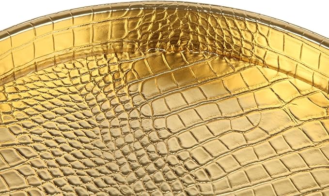 HofferRuffer Faux Leather Round Serving Tray, Vegan Croco Leather Decorative Tray, Food Tray for Storage Drinks, Snack & Cosmetics, Dia.12'' x 1.6'' (Gold)