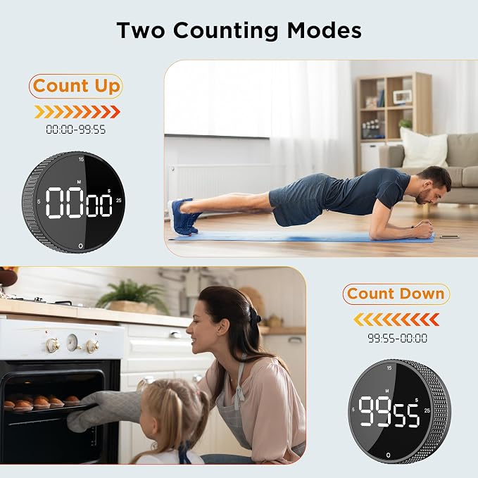 Digital Kitchen Timer - Magnetic Countdown Count Up Clock with Large LED Display, 5/15/25 Min Presets, 3 Volume Levels, Rotary Dial for Cooking, Productivity, Classroom, Fitness (1, Black)