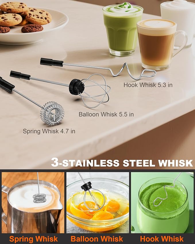 3-Speed Rechargeable Milk Frother Handheld with Stand & 3 Whisks, Dual Coil Whisk Coffee Frother Handheld, Electric Frother Wand for Lattes, Matcha, Hot Chocolate & Eggs, Black