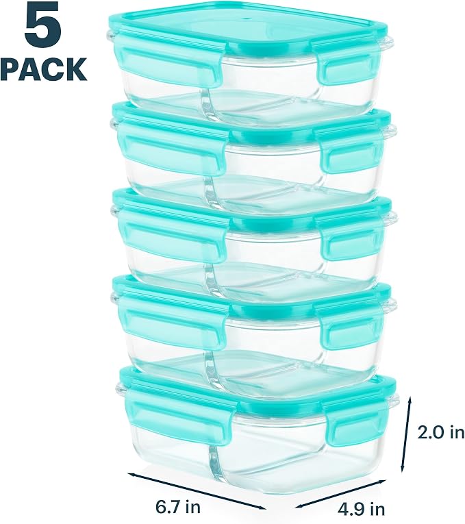 Pyrex Glass Meal Box (5-Pack, 2.3 Cup) Divided Compartments, Locking Lids | For meal prepping and portioning, BPA-Free, microwave & dishwasher safe