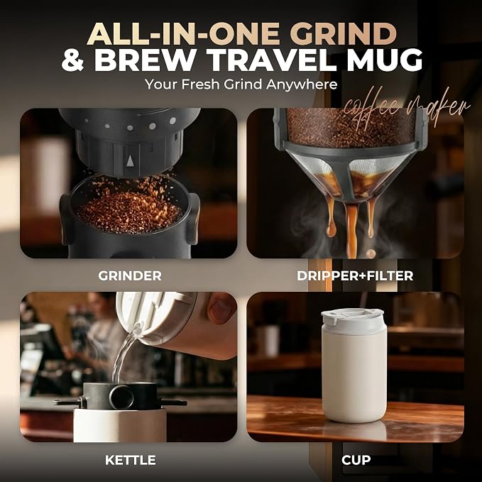 HAUSHOF Camping Coffee Maker, Coffee Grinder for Travel | 15 Cups per Charge;Portable Storage Bag;5 Grind Settings;USB-C Charging