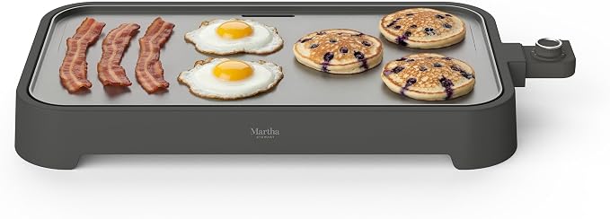Martha Stewart 12"x 22" XL Electric Griddle, Ceramic Nonstick Flat Top | PFAS-Free Nonstick Grill, XL Cooking Surface for Pancakes & Eggs, Adjustable Temp Dial, Drip Tray, 1500W Heating, Caviar Gray