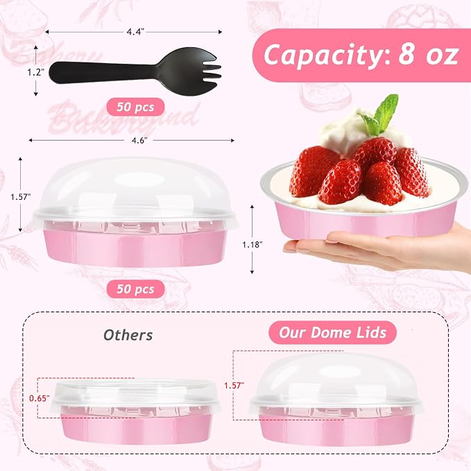 LNYZQUS 8oz Mini Pie Tins with Lids 50 Pack, 4 Inch Individual Cake Pans | Foil Disposable, Small Cake Tins, Mini Pie Containers, for Bake Sale Baking and Packaging, Round Pink