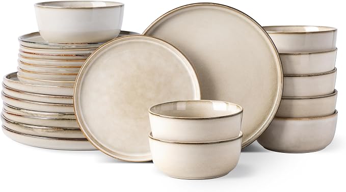 GBHOME Dinnerware Sets for 8, 24 Pieces Ceramic Plates and Bowls Set | Scratch Resistant Stoneware Dishes Set, Dishwasher & Microwave Safe, Reactive Glaze-Cappuccino