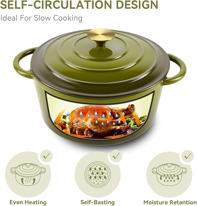 Miereirl 6 Quart Enameled Dutch Oven Pot with Lid, Cast Iron Dutch Oven with Dual Handles for Bread Baking, Cooking, Non-stick Enamel Coated Cookware, Golden Green