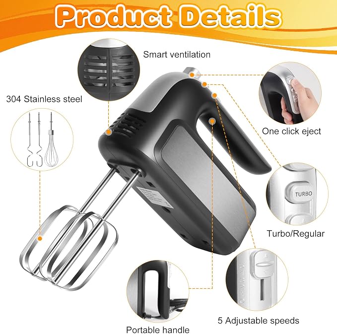 5-Speed 400W Electric Hand Mixer with Turbo – Powerful Handheld | Kitchen Mixer with 5 Stainless Steel Attachments for Dough, Cream, Batter, Eggs & Baking