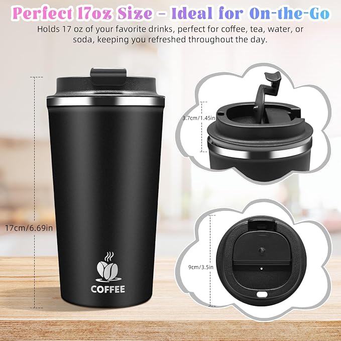17oz Insulated Travel Coffee Mug with Flip Lid ¨C Leakproof Stainless Steel Insulated Coffee Tumblers, Reusable Coffee Cup for Hot & Cold Drinks, Perfect for Camping & On-the-Go
